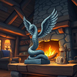 Anime style illustration of a small stone statue of a winged feathered snake, elegantly positioned on the mantle of a rustic fireplace in a fantasy hunting lodge