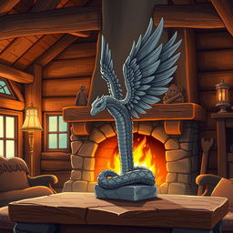 Anime style illustration of a small stone statue of a winged feathered snake, elegantly positioned on the mantle of a rustic fireplace in a fantasy hunting lodge