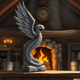 Anime style illustration of a small stone statue of a winged feathered snake, elegantly positioned on the mantle of a rustic fireplace in a fantasy hunting lodge