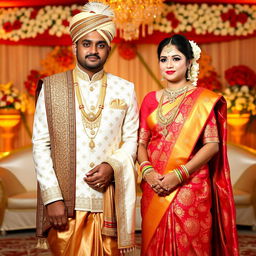 A couple dressed in a stunning Sidurdan Bengali wedding attire