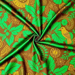 A stunning, vibrant batik fabric showcasing intricate equatorial patterns, featuring rich earthy tones of jade green and deep brown, with detailed motifs of tropical leaves, exotic birds, and geometric shapes that reflect the beauty of equatorial nature