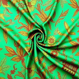 A stunning, vibrant batik fabric showcasing intricate equatorial patterns, featuring rich earthy tones of jade green and deep brown, with detailed motifs of tropical leaves, exotic birds, and geometric shapes that reflect the beauty of equatorial nature