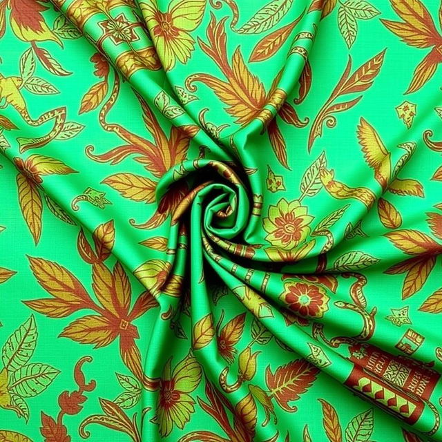 A stunning, vibrant batik fabric showcasing intricate equatorial patterns, featuring rich earthy tones of jade green and deep brown, with detailed motifs of tropical leaves, exotic birds, and geometric shapes that reflect the beauty of equatorial nature