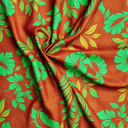 A stunning, vibrant batik fabric showcasing intricate equatorial patterns, featuring rich earthy tones of jade green and deep brown, with detailed motifs of tropical leaves, exotic birds, and geometric shapes that reflect the beauty of equatorial nature