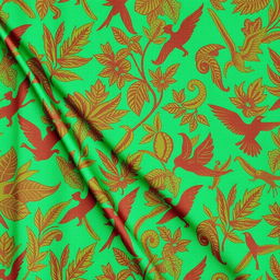 A stunning, vibrant batik fabric showcasing intricate equatorial patterns, featuring rich earthy tones of jade green and deep brown, with detailed motifs of tropical leaves, exotic birds, and geometric shapes that reflect the beauty of equatorial nature