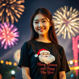 A beautiful Korean woman wearing a black t-shirt featuring a Santa graphic with the text 'Merry Christmas and Happy New Year', facing the camera with a soft and cute smile