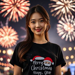 A beautiful Korean woman wearing a black t-shirt featuring a Santa graphic with the text 'Merry Christmas and Happy New Year', facing the camera with a soft and cute smile