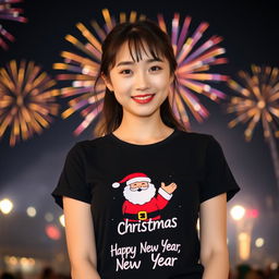 A beautiful Korean woman wearing a black t-shirt featuring a Santa graphic with the text 'Merry Christmas and Happy New Year', facing the camera with a soft and cute smile