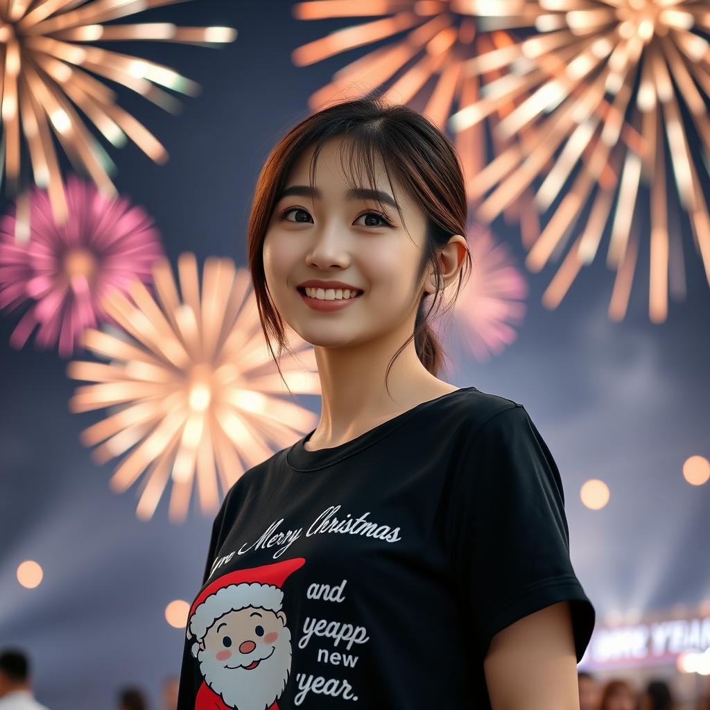 A beautiful Korean woman wearing a black t-shirt featuring a Santa graphic with the text 'Merry Christmas and Happy New Year', facing the camera with a soft and cute smile