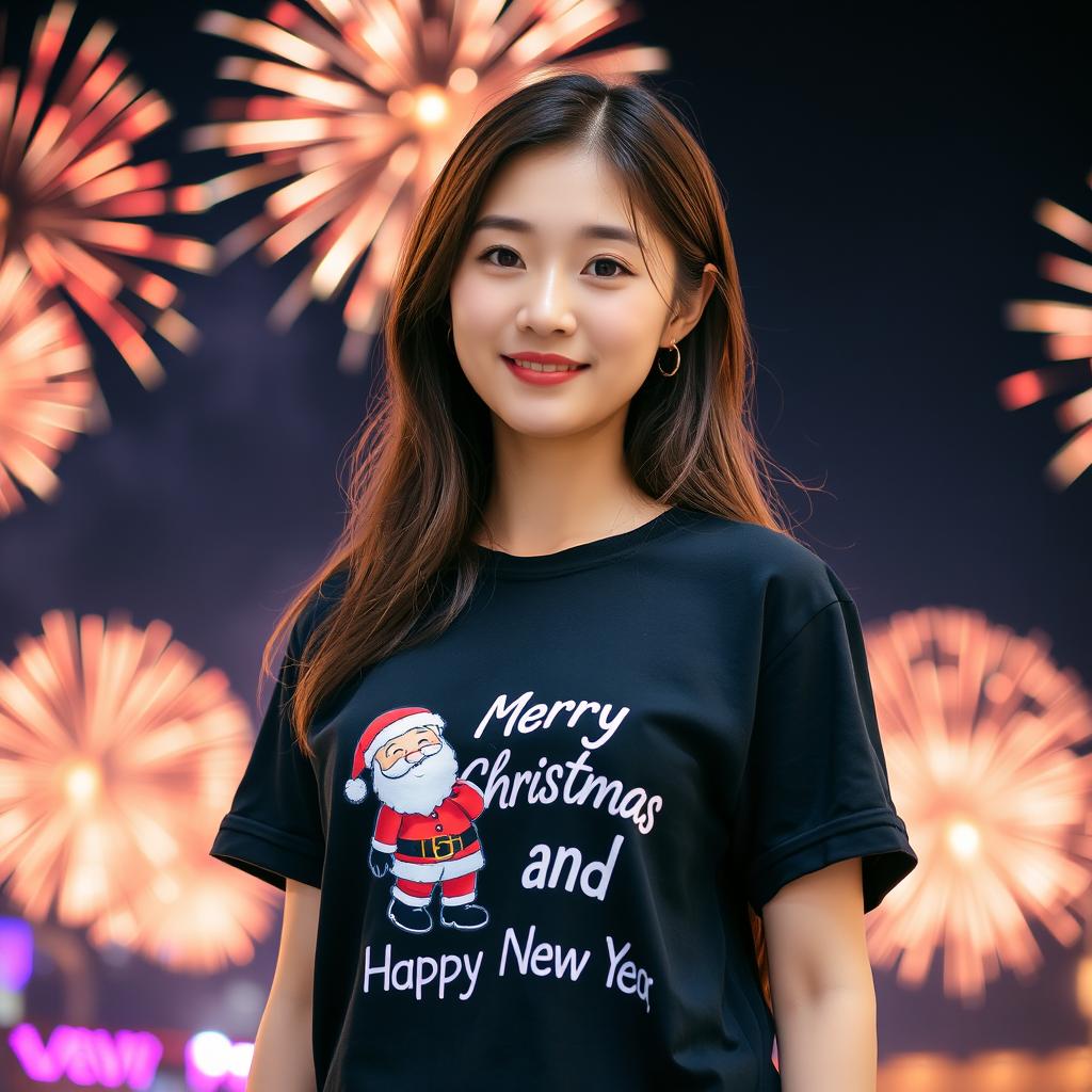 A beautiful Korean woman wearing a black t-shirt featuring a Santa graphic and the text "Merry Christmas and Happy New Year"