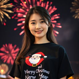 A beautiful Korean woman wearing a black t-shirt featuring a Santa graphic and the text "Merry Christmas and Happy New Year"