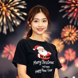 A beautiful Korean woman wearing a black t-shirt featuring a Santa graphic and the text "Merry Christmas and Happy New Year"