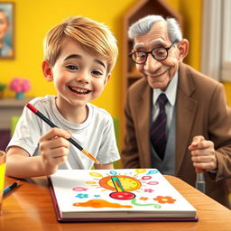 A 10-year-old boy named Omid with short golden hair, wearing a white t-shirt and gray pants, is happily painting a colorful thermometer in a notebook