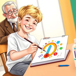 A 10-year-old boy named Omid with short golden hair, wearing a white t-shirt and gray pants, is happily painting a colorful thermometer in a notebook