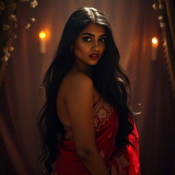 A sensual scene featuring an alluring Indian woman with long, flowing black hair, wearing a traditional red saree embellished with intricate golden embroidery