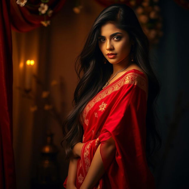 A sensual scene featuring an alluring Indian woman with long, flowing black hair, wearing a traditional red saree embellished with intricate golden embroidery