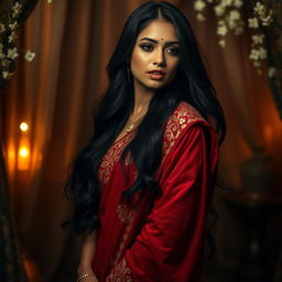 A sensual scene featuring an alluring Indian woman with long, flowing black hair, wearing a traditional red saree embellished with intricate golden embroidery