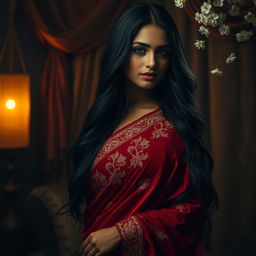 A sensual scene featuring an alluring Indian woman with long, flowing black hair, wearing a traditional red saree embellished with intricate golden embroidery