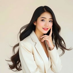 A beautiful Korean woman gracefully posing in a sophisticated outfit, showcasing elegance and charm