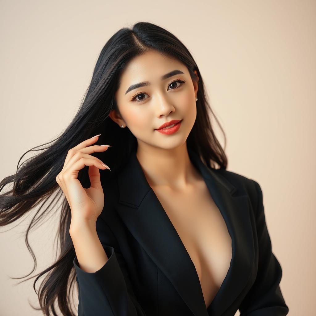 A beautiful Korean woman gracefully posing in a sophisticated outfit, showcasing elegance and charm