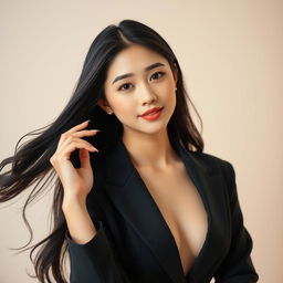 A beautiful Korean woman gracefully posing in a sophisticated outfit, showcasing elegance and charm