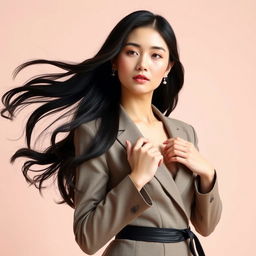 A beautiful Korean woman gracefully posing in a sophisticated outfit, showcasing elegance and charm