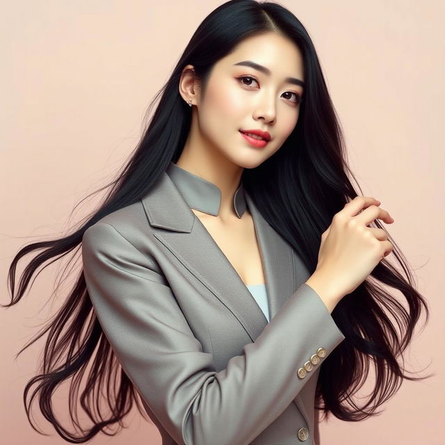 A beautiful Korean woman gracefully posing in a sophisticated outfit, showcasing elegance and charm