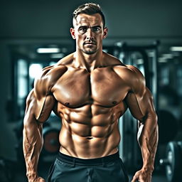 A muscular man showcasing an impressive eight-pack abs, standing confidently with a chiseled physique