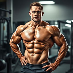 A muscular man showcasing an impressive eight-pack abs, standing confidently with a chiseled physique