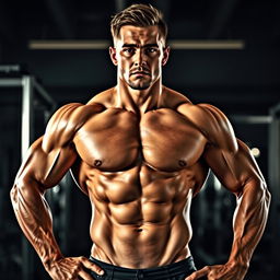 A muscular man showcasing an impressive eight-pack abs, standing confidently with a chiseled physique