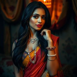 A sensual Indian woman, dressed in colorful traditional attire, exuding confidence and allure