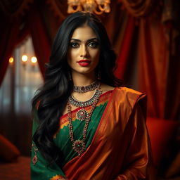 A sensual Indian woman, dressed in colorful traditional attire, exuding confidence and allure