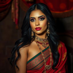 A sensual Indian woman, dressed in colorful traditional attire, exuding confidence and allure