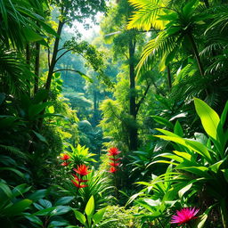A vibrant and lush green jungle background filled with dense foliage, towering trees, and vibrant tropical plants