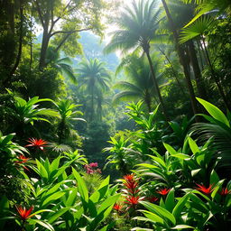 A vibrant and lush green jungle background filled with dense foliage, towering trees, and vibrant tropical plants