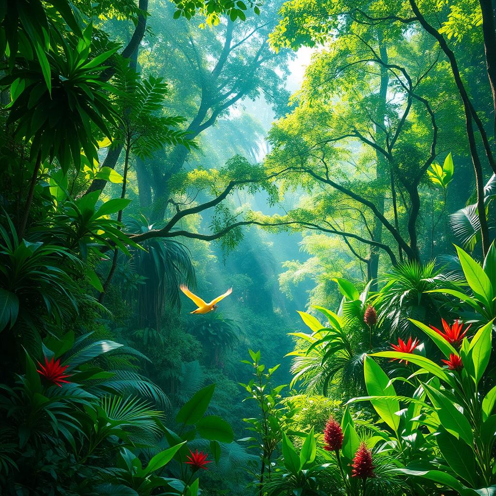 A vibrant and lush green jungle background filled with dense foliage, towering trees, and vibrant tropical plants