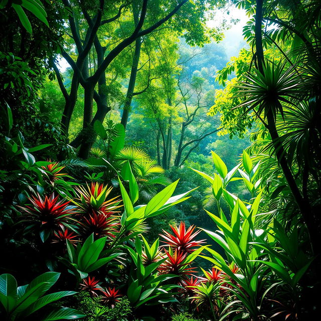 A vibrant and lush green jungle background filled with dense foliage, towering trees, and vibrant tropical plants