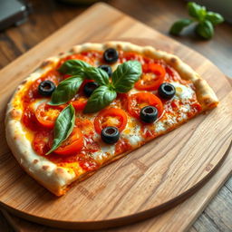 A delicious slice of pizza with a crispy golden crust, topped with melting mozzarella cheese, vibrant red tomato sauce, and a generous amount of fresh basil leaves