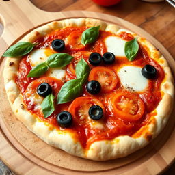 A delicious slice of pizza with a crispy golden crust, topped with melting mozzarella cheese, vibrant red tomato sauce, and a generous amount of fresh basil leaves