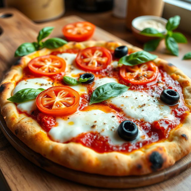 A delicious slice of pizza with a crispy golden crust, topped with melting mozzarella cheese, vibrant red tomato sauce, and a generous amount of fresh basil leaves