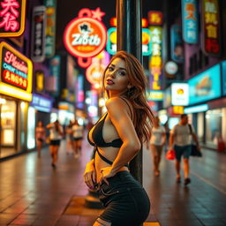 A vibrant, neon-lit city street at night, featuring an attractive adult woman in stylish, revealing clothing, confidently leaning against a lamppost