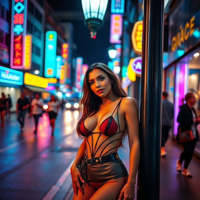 A vibrant, neon-lit city street at night, featuring an attractive adult woman in stylish, revealing clothing, confidently leaning against a lamppost