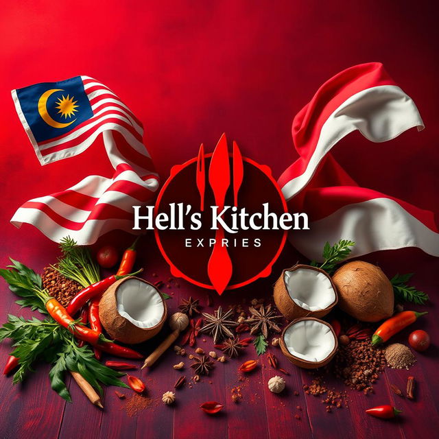 A vibrant depiction of Hell's Kitchen inspired by Malay and Indonesian cultures, featuring the iconic Hell's Kitchen symbol at the center