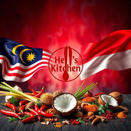 A vibrant depiction of Hell's Kitchen inspired by Malay and Indonesian cultures, featuring the iconic Hell's Kitchen symbol at the center