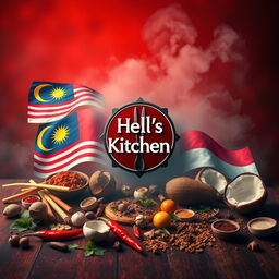 A vibrant depiction of Hell's Kitchen inspired by Malay and Indonesian cultures, featuring the iconic Hell's Kitchen symbol at the center