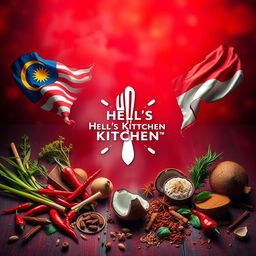 A vibrant depiction of Hell's Kitchen inspired by Malay and Indonesian cultures, featuring the iconic Hell's Kitchen symbol at the center