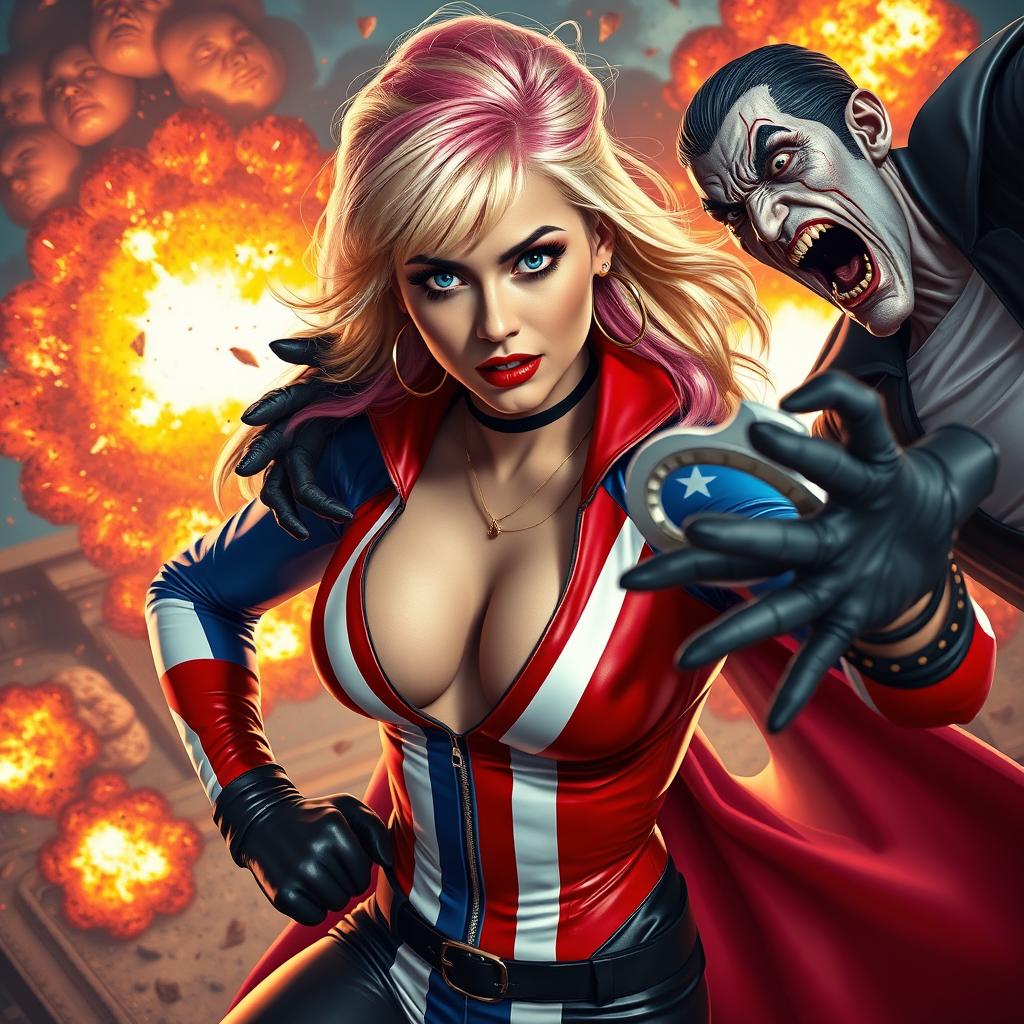 An action-packed scene depicting a vampire violently attacking an alluring 48-year-old woman with a striking mix of blond and pink hair