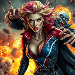 An action-packed scene depicting a vampire violently attacking an alluring 48-year-old woman with a striking mix of blond and pink hair