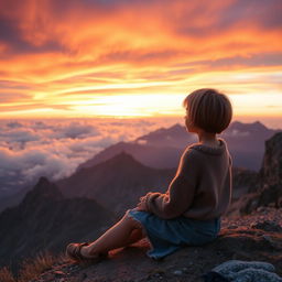 A girl with a short haircut, wearing a denim skirt and a cozy woolen top, sitting peacefully on a mountain