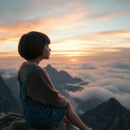 A girl with a short haircut, wearing a denim skirt and a cozy woolen top, sitting peacefully on a mountain